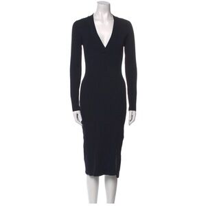 Reiss Hunter Green Long Sleeve, V-Neck Ribbed Knit Midi Dress